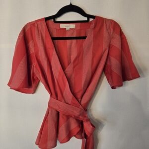 LOFT Size XS V-neck Red belted wrap, flutter sleeves peplum blouse